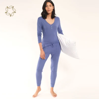 Camiseta Henley de bambú orgánico y pantalón para dormir Ropa de dormir ecológica para mujer Pijamas de punto sostenibles para mujer