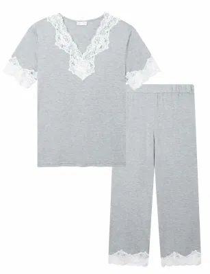 Señora suave ropa de dormir Pijamas de tela de viscosa Pijamas de bambú de manga larga Top y pantalones Loungewear